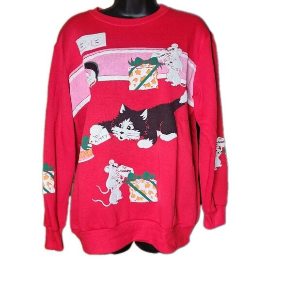 Scarab Cat And Mouse Red Pull Over. Ugly Christmas Sweater Double-Sided Design - Picture 1 of 15